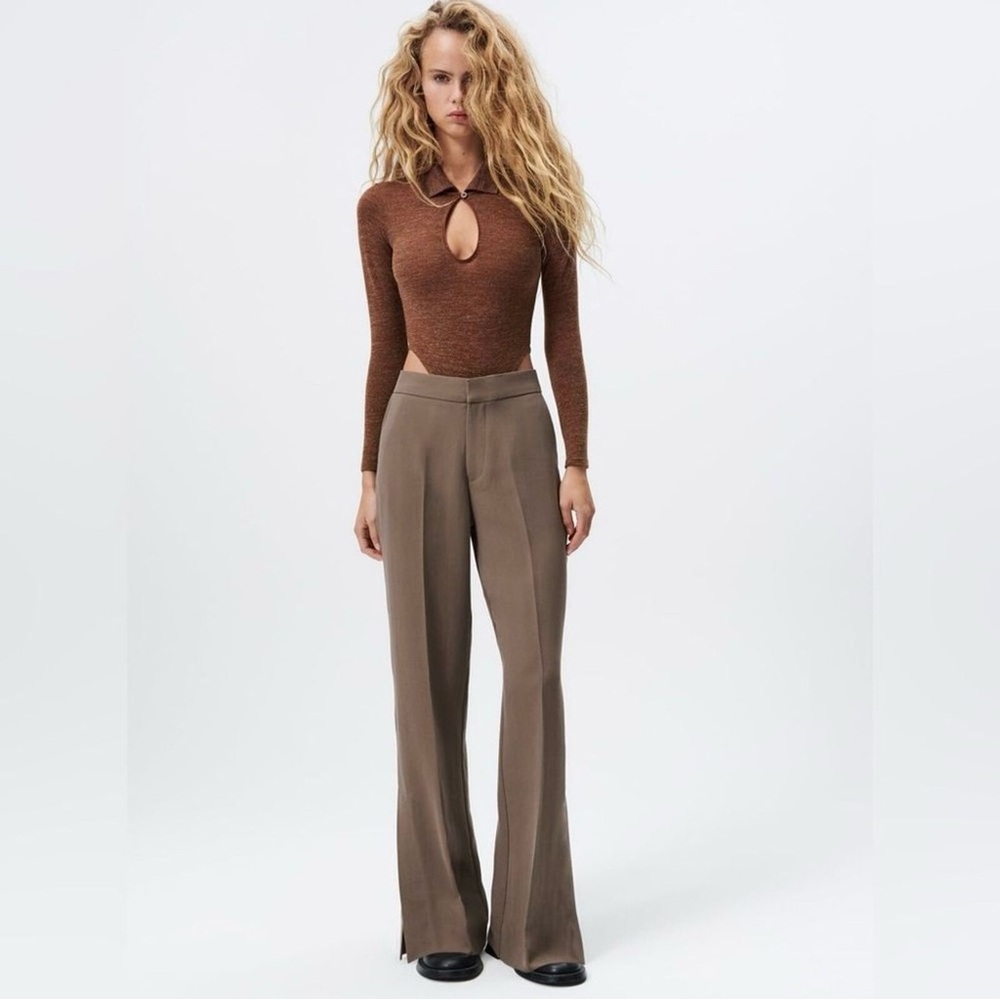 Zara Brown Wide Slit Leg Trouser Pants